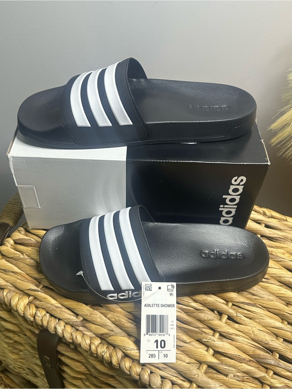adidas Black Slides with White Three-Stripes